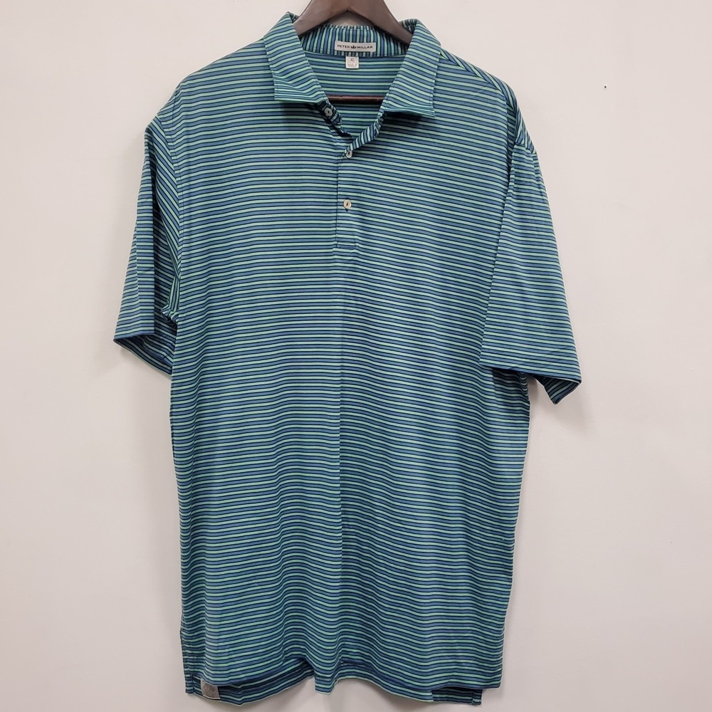 Peter Millar Mens Short Sleeve 1/4 Button Golf Polo Size XL Blue Green Striped